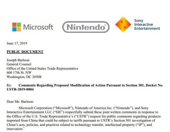 索尼微软任天堂联名反对美国对中国制造游戏产品加税